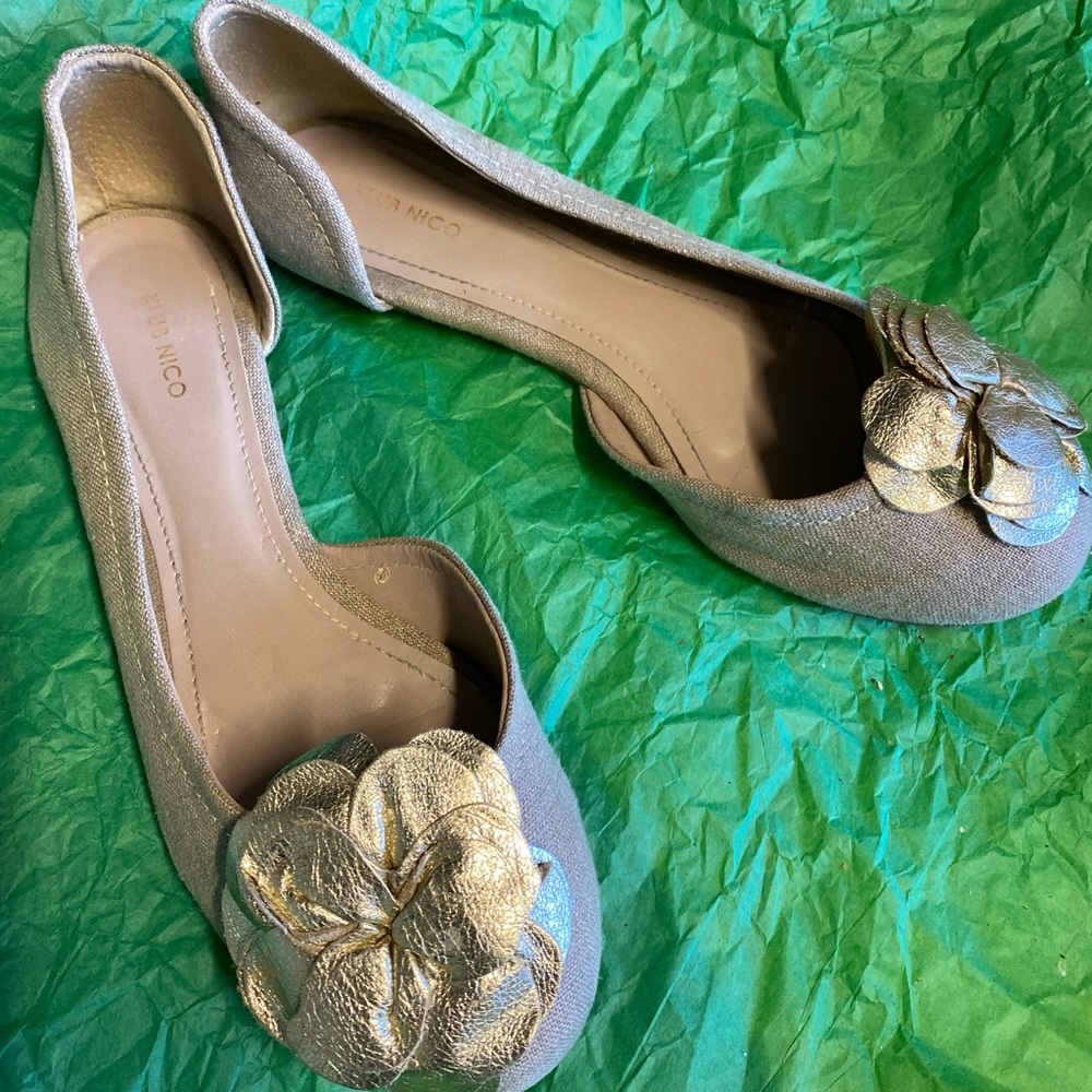 Tan/beige linen flats with gold camellia flower